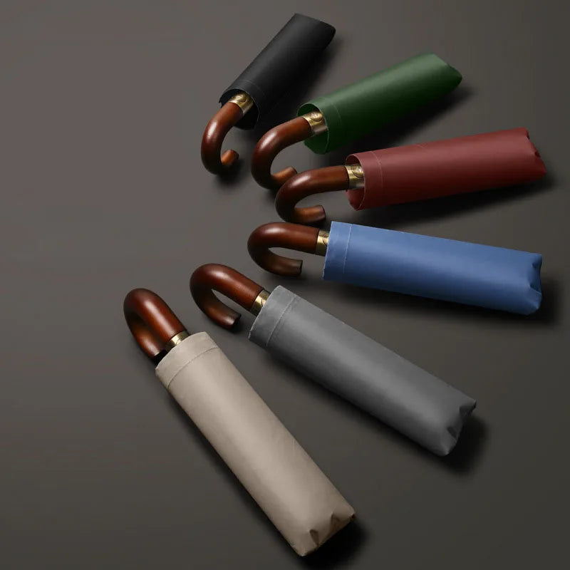 Large Windproof Umbrella with Curved Umrbella Wooden Handle 10K 30Bones Business Automaitc Folding Umbrella for Men Women Travel