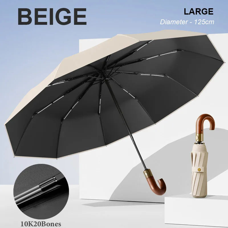 Large Windproof Umbrella with Curved Umrbella Wooden Handle 10K 30Bones Business Automaitc Folding Umbrella for Men Women Travel