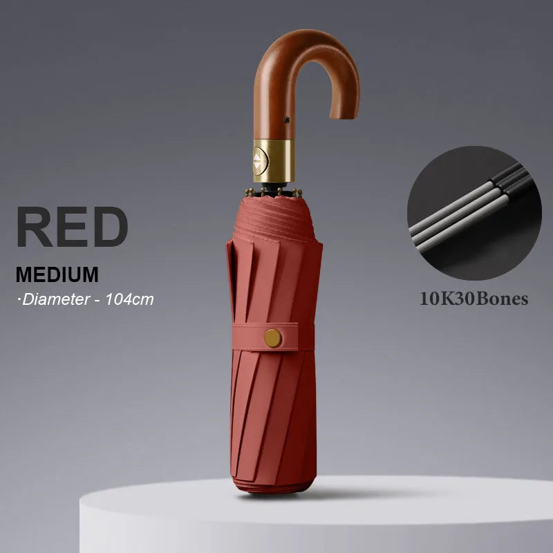 Large Windproof Umbrella with Curved Umrbella Wooden Handle 10K 30Bones Business Automaitc Folding Umbrella for Men Women Travel