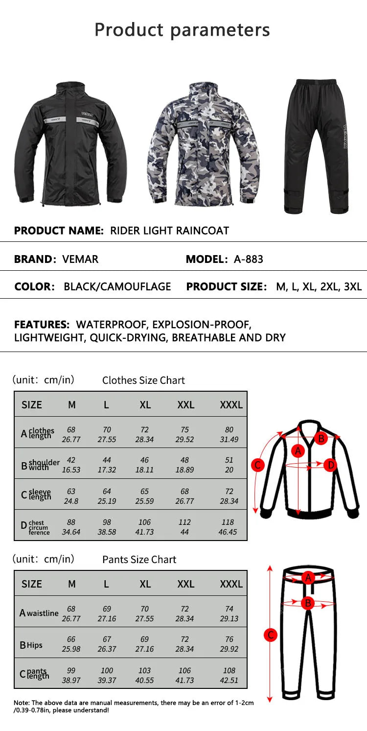 New Motorcycle Raincoat Suit Men Women Waterproof Motocross Raincoat Jacket Motorbike Raincoat Pants Reflective Bicycle Raincoat