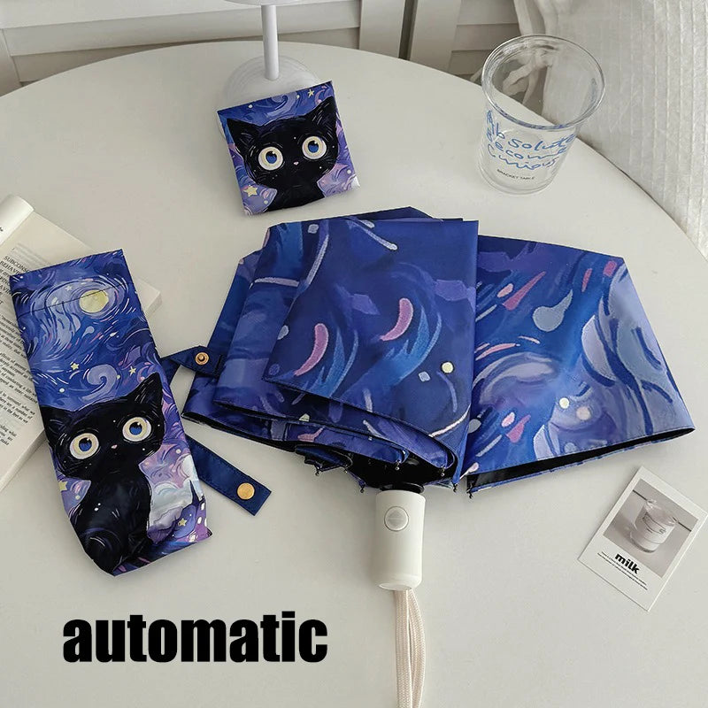 Blue Green Purple Powder Cat Cartoon Fold Umbrella Fully Automatic Umbrella Women's Dual-Purpose Sun Umbrella Portable Umbrella
