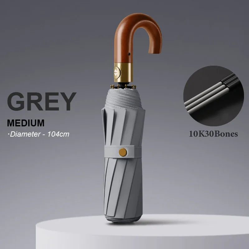 Large Windproof Umbrella with Curved Umrbella Wooden Handle 10K 30Bones Business Automaitc Folding Umbrella for Men Women Travel