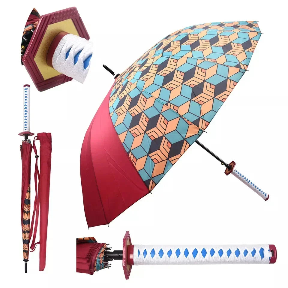 Anime Demon Slayer Katana Umbrella Long Handle Parasol Raincoar Zenitsu Tanjirou Samurai Sword Japanese Katana Umbrellas Gift