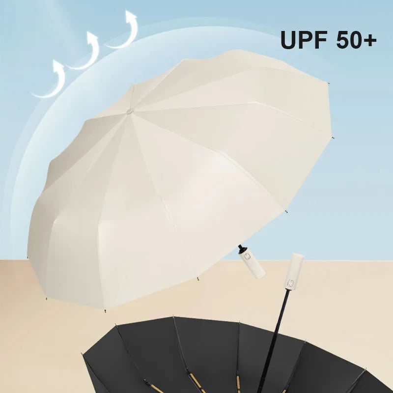 Solid Color 24 Bone Large Automatic Umbrella Lightweight Collapsible Outdoor UV Protection Sunshade, Large-format Auto Umbrella