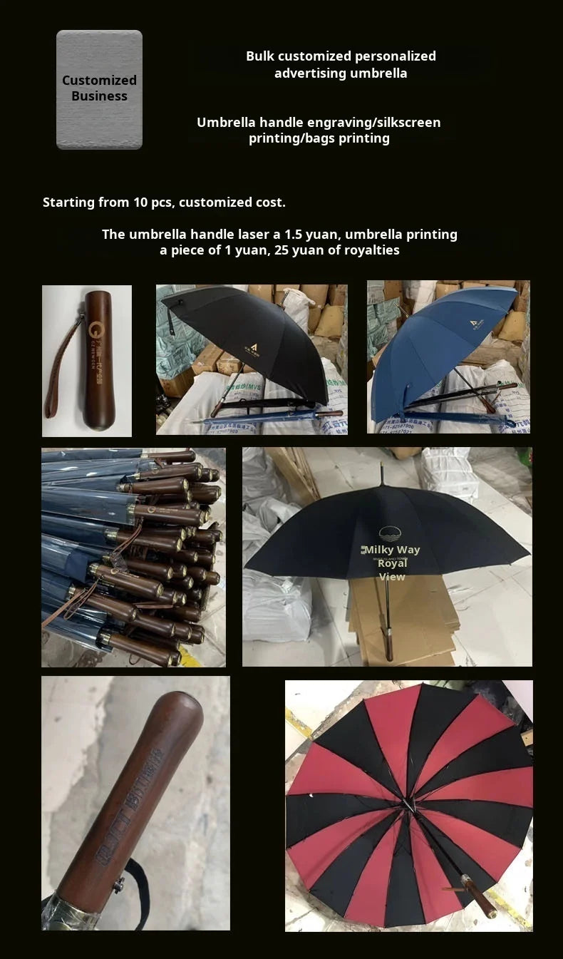 Umbrella Automatic Large Double 16 Bone Solid Wood Handle Men's Umbrella Retro Thick Long Handle Umbrella Shangyu Umbrella