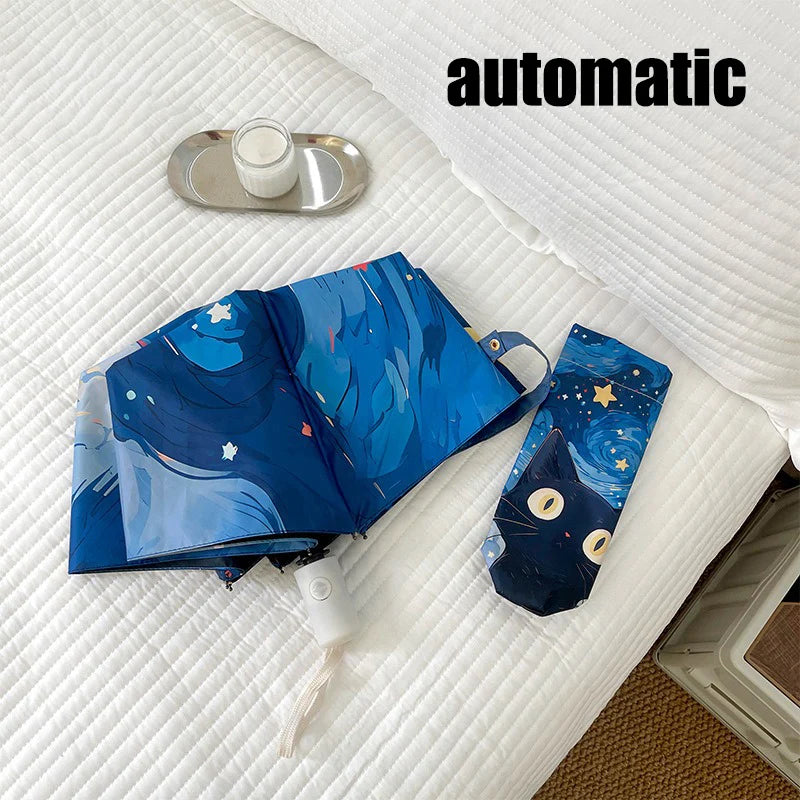 Blue Green Purple Powder Cat Cartoon Fold Umbrella Fully Automatic Umbrella Women's Dual-Purpose Sun Umbrella Portable Umbrella