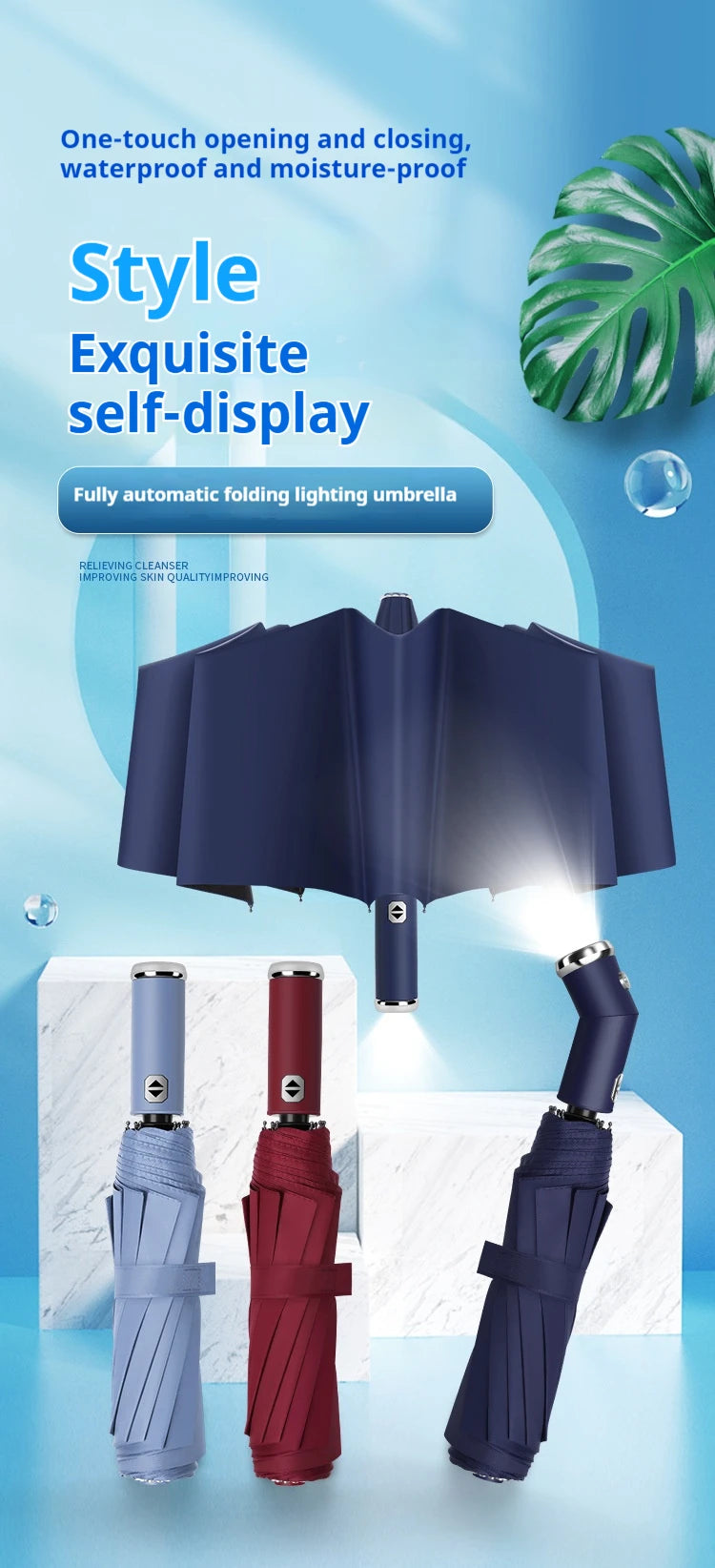 Anti-wind Rain Umbrella 2in1 Automatic Umbrella LED Flashlight Dual-use NightLight Sun Protection 10 bone Folding Umbrella