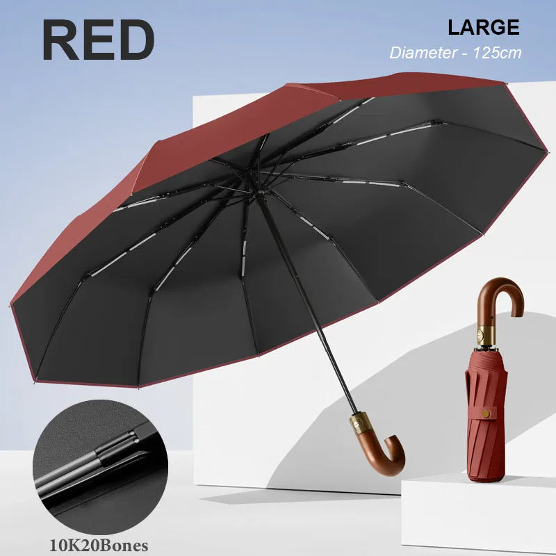 Large Windproof Umbrella with Curved Umrbella Wooden Handle 10K 30Bones Business Automaitc Folding Umbrella for Men Women Travel