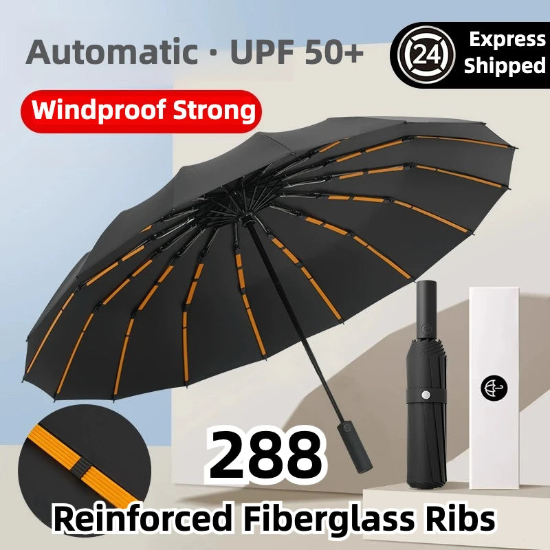 Stormproof Windproof Automatic Umbrella,288 Reinforced Fiberglass Ribs, Sun UV UPF50+ Protect, Compact Folding Rain Umbrella Men