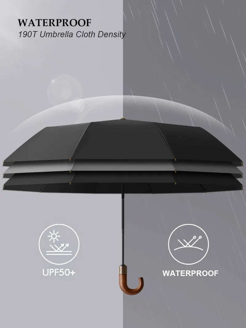 Large Windproof Umbrella with Curved Umrbella Wooden Handle 10K 30Bones Business Automaitc Folding Umbrella for Men Women Travel