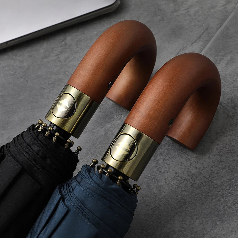 Large Windproof Umbrella with Curved Umrbella Wooden Handle 10K 30Bones Business Automaitc Folding Umbrella for Men Women Travel