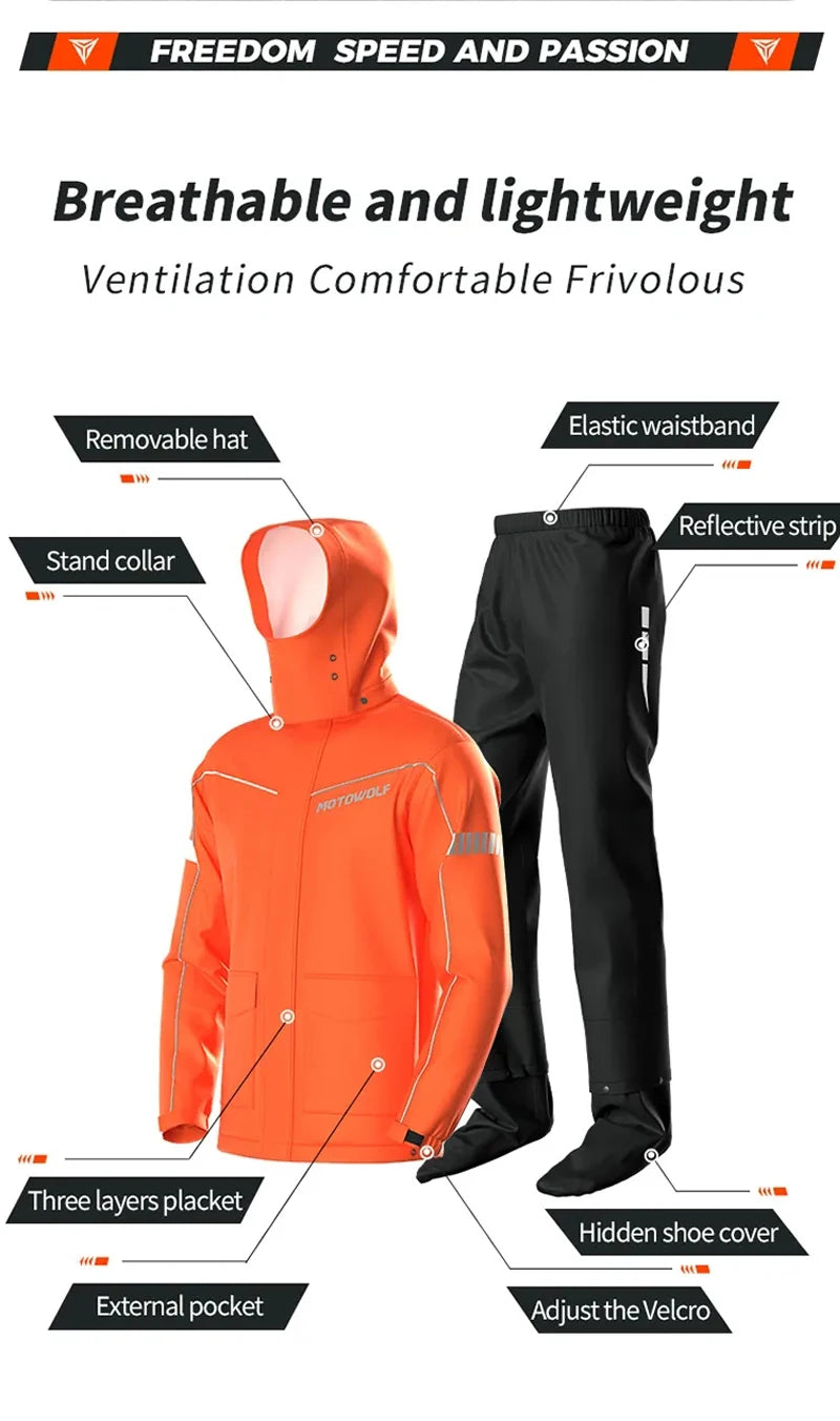 Motorcycle Rainsuit Waterproof Split Raincoat Suit Cycling Motorbike Jacket and Pants Lightweight Foldable Windproof Reflective