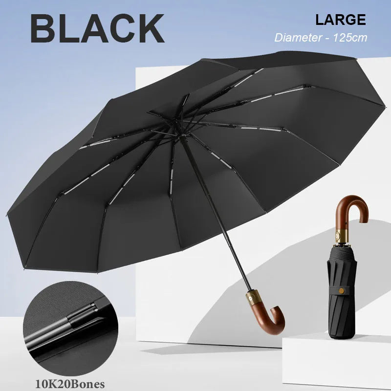 Large Windproof Umbrella with Curved Umrbella Wooden Handle 10K 30Bones Business Automaitc Folding Umbrella for Men Women Travel