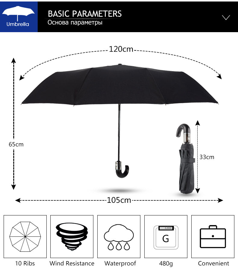 Genuine Parachase Folding Umbrella Brand Business Men Automatic Umbrella Rain Windproof Curved Handle Prasols for Adult