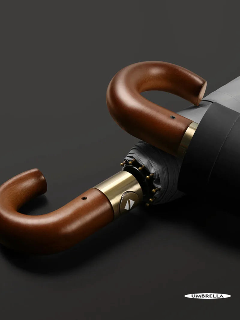 Large Windproof Umbrella with Curved Umrbella Wooden Handle 10K 30Bones Business Automaitc Folding Umbrella for Men Women Travel