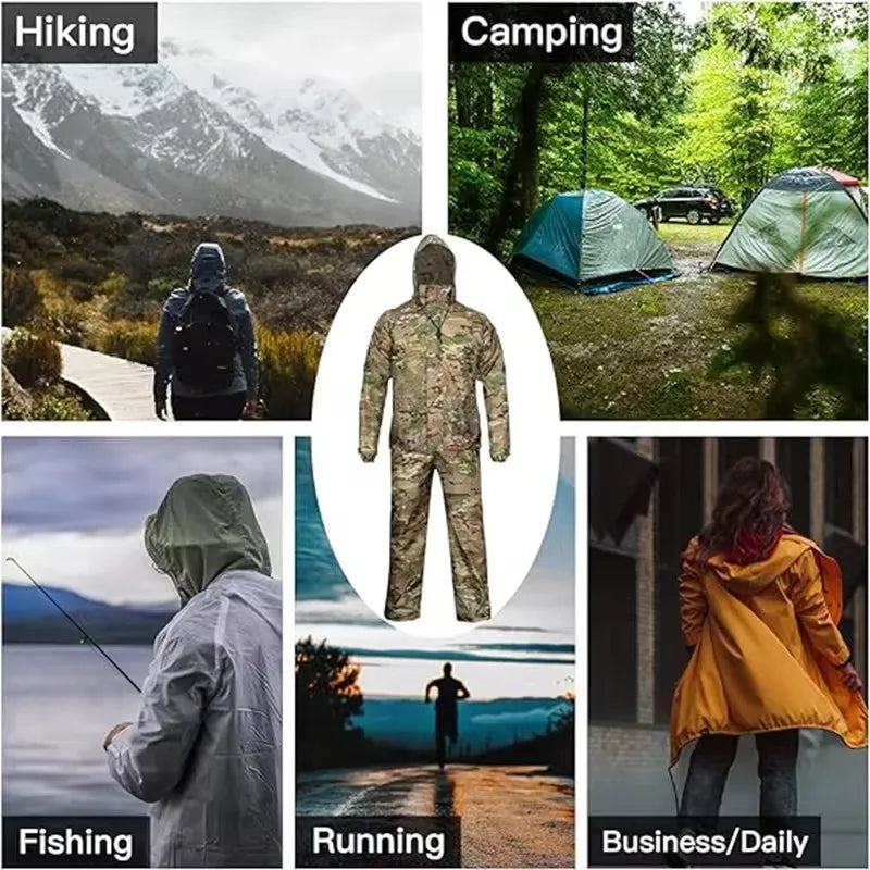Rain Coat Set Suit Adults Unisex Men Women Camp Raincoat Set Hiking Hunting Fishing Outdoor Rainwear Rain Gears Cover Cp Tree