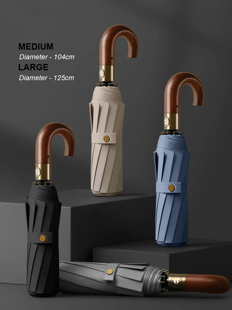 Large Windproof Umbrella with Curved Umrbella Wooden Handle 10K 30Bones Business Automaitc Folding Umbrella for Men Women Travel